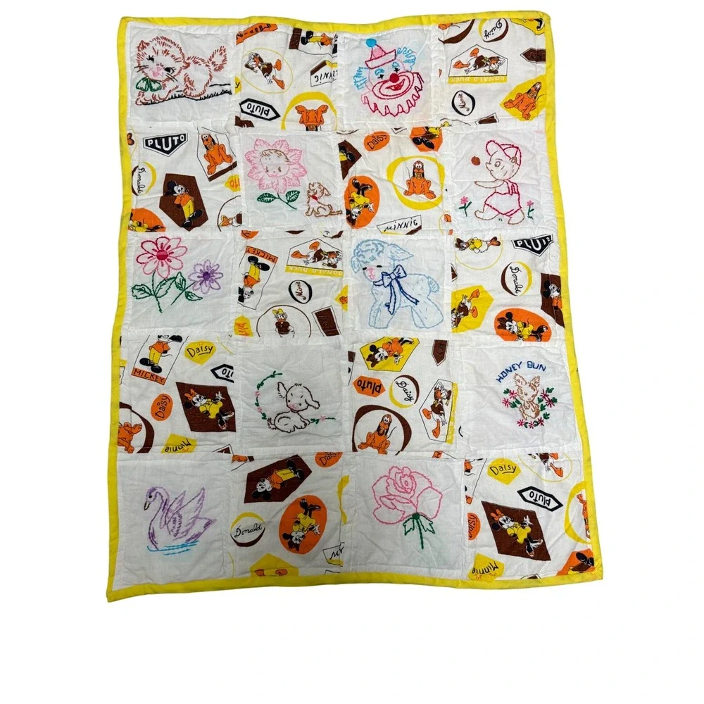 Vintage Disney Baby Quilt Handmade Embroidered Mickey Minnie Pluto Yellow 44x33